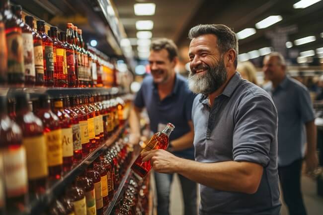 Liquor store owner choosing best selling tequila to stock