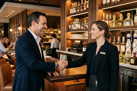 A tequila distributor shaking hands with a bar manager at an upscale restaurant bar, building a long-term account partnership