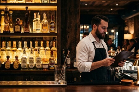 A bartender reviews a menu in front of a well-stocked backbar featuring a curated selection of premium tequila bottles at an upscale bar.