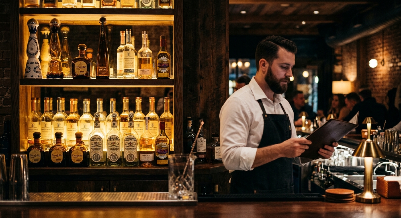 A bartender reviews a menu in front of a well-stocked backbar featuring a curated selection of premium tequila bottles at an upscale bar.