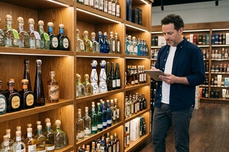 A liquor store manager reviews tequila inventory data in front of a well-stocked shelf of premium spirits, representing a practical liquor store inventory management system.