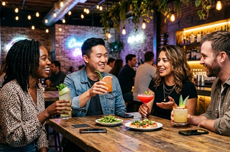Friends drinking low sugar tequila cocktails at a bar